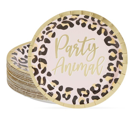 Sparkle and Bash Animal Print Dessert Plates - 7-Inch, Cheetah Print, Gold & Pink, 48 Count - Gold Animal Party Plates for Leopard Party Supplies